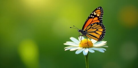 Fototapeta premium A vibrant butterfly delicately perched on a daisy, bathed in the warm glow of sunlight against a soft green backdrop.