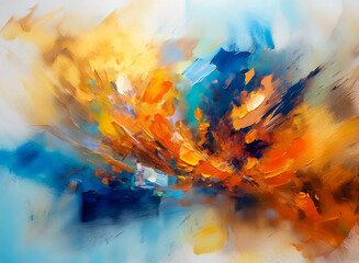Dynamic abstract painting bursting with vibrant orange and yellow hues, contrasted by cool blue tones. Expressive brushstrokes create movement and energy.