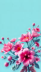 Fototapeta premium Turquoise Floral banner with beautiful flowers blooming at light blue background, floral border, glowing neon. White tone