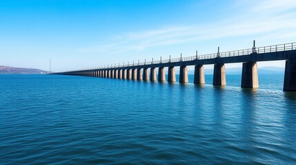 Obraz premium A long pier extends over calm waters under a clear blue sky, creating a serene and picturesque landscape.