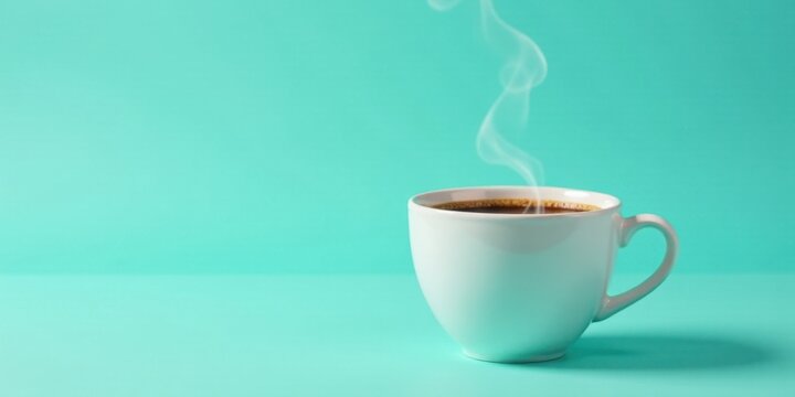 Aromatic Coffee Steam Rising from a White Mug on a Teal Background