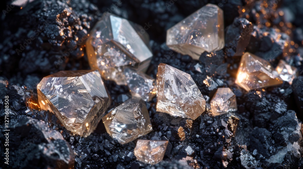 Aufkleber Shimmering crystals are scattered across a rough, dark mineral surface, reflecting light and creating a captivating display of textures and shapes in natural illumination.