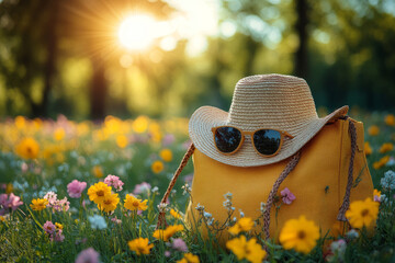 A Yellow Bag with Sunglasses and a Hat Surrounded by Spring Flowers in a Sunny Outdoor Setting