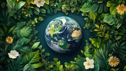 Illustration of Earth encircled by green leaves and vibrant flowers, celebrating nature and sustainability