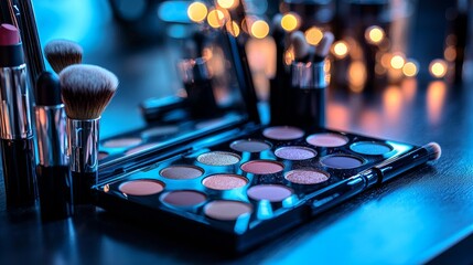 geolocation pin crafted from high end beauty items like lipsticks and eyeshadow palettes sits on stylish vanity. Soft glowing lights enhance modern and glamorous aesthetic.