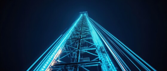 High-Definition Image of Futuristic Tower with Neon Lights Against Dark Sky, Vertical Perspective, Innovative Architecture and Urban Design