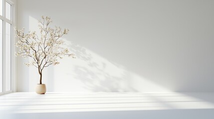 Obraz premium Minimalist room, plant, sunlight, white wall, interior design