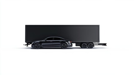 Sideview of a trailer truck with the side cover rolled open to the top. In the middle of the trailer is standing a luxury car with black colours. The car is standing on a pile of palets.