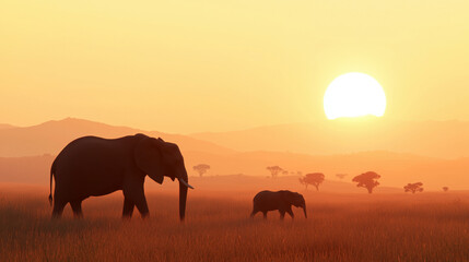 Fototapeta premium A mother African elephant gently guiding her calf through a golden savannah at sunset, symbolizing family bonds and wildlife conservation.