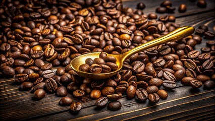 Fototapeta premium Aromatic Coffee Beans with Golden Spoon - Dark Wood Background Stock Photo