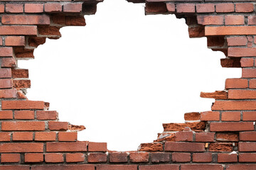 Obraz premium Hope and freedom concept, old red brick wall with white hole background. Royalty high-quality free best stock of broken brick wall with white hole isolated background
