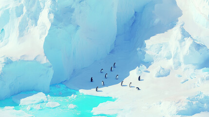 Penguins on Antarctic Ice, A colony of penguins huddled together on an icy landscape in Antarctica, symbolizing unity, survival, and the importance of wildlife preservation.