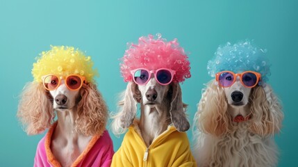 Afghan Hound Puppies in Colorful Costumes, A vibrant scene featuring playful Afghan Hound puppies dressed in mismatched outfits, perfect for a fun birthday party invitation backdrop.