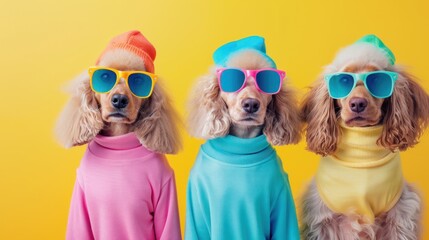 Afghan Hound Puppies in Colorful Outfits, A playful scene featuring Afghan Hound puppies dressed in vibrant, mismatched outfits against a bright backdrop, perfect for a birthday party invitation.
