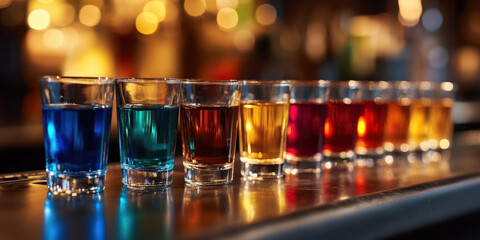 A row of shot glasses filled with bright, colorful liquids sits on a bar counter, ready for fun and celebration with friends at night
