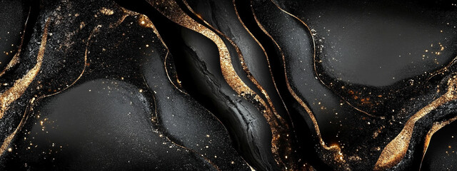 Abstrakcyjna tekstura w kolorach czarnym i złotym, tło dla projektu, baner generative ai 