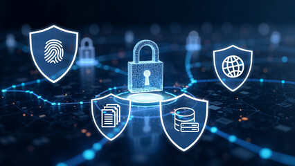 Cyber security concept. Shield With Keyhole icon on digital data background. Cyber data security or information privacy idea. Blue abstract hi speed internet technology. Big data flow analysis