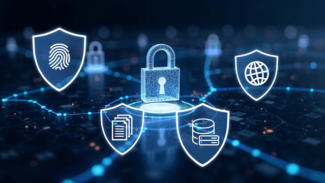 Cyber security concept. Shield With Keyhole icon on digital data background. Cyber data security or information privacy idea. Blue abstract hi speed internet technology. Big data flow analysis