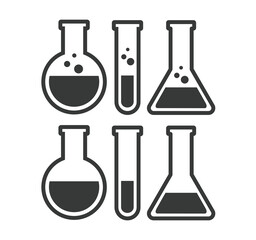 Set of Chemical test tube. Glass tube. Flask template. Glass container. Flask of poison. Jar icon. Medicine vial. Logo template. Laboratory tube. Flask icon. Chemical bottle.