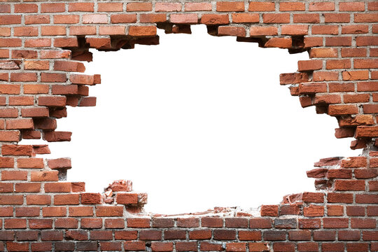 Hope and freedom concept, old red brick wall with white hole background. Royalty high-quality free best stock of broken brick wall with white hole isolated background - Powered by Adobe