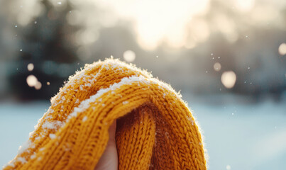 Embrace the Winter Vibes with a Cozy Yellow Scarf Wrapped in Snowy Beauty – Perfect for Adding Warmth and Style to Your Cold Weather Outfits!