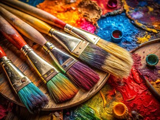 Fototapeta premium Artistic Paint Brushes and Palette Still Life - Vibrant Colors & Textures