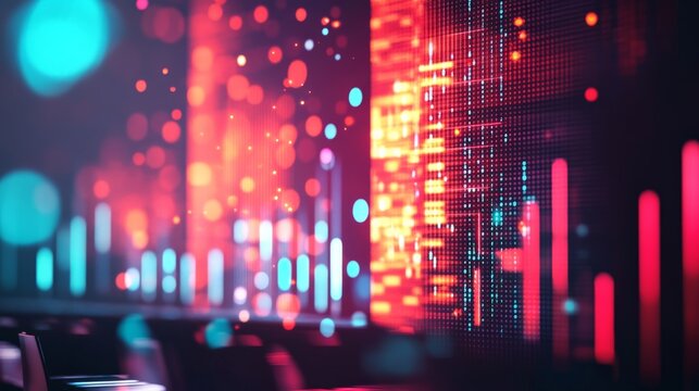 Blurred conference stage with an LED backdrop displaying futuristic technology data, high-tech corporate summit.