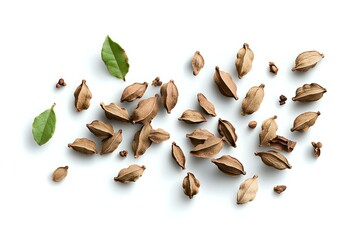 Fototapeta premium Scattered brown cardamom pods and fresh green leaves on white background, overhead view of aromatic spice ingredients for cooking and flavoring food.