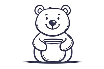 Smiling outlined bear holding a simple jar of honey.