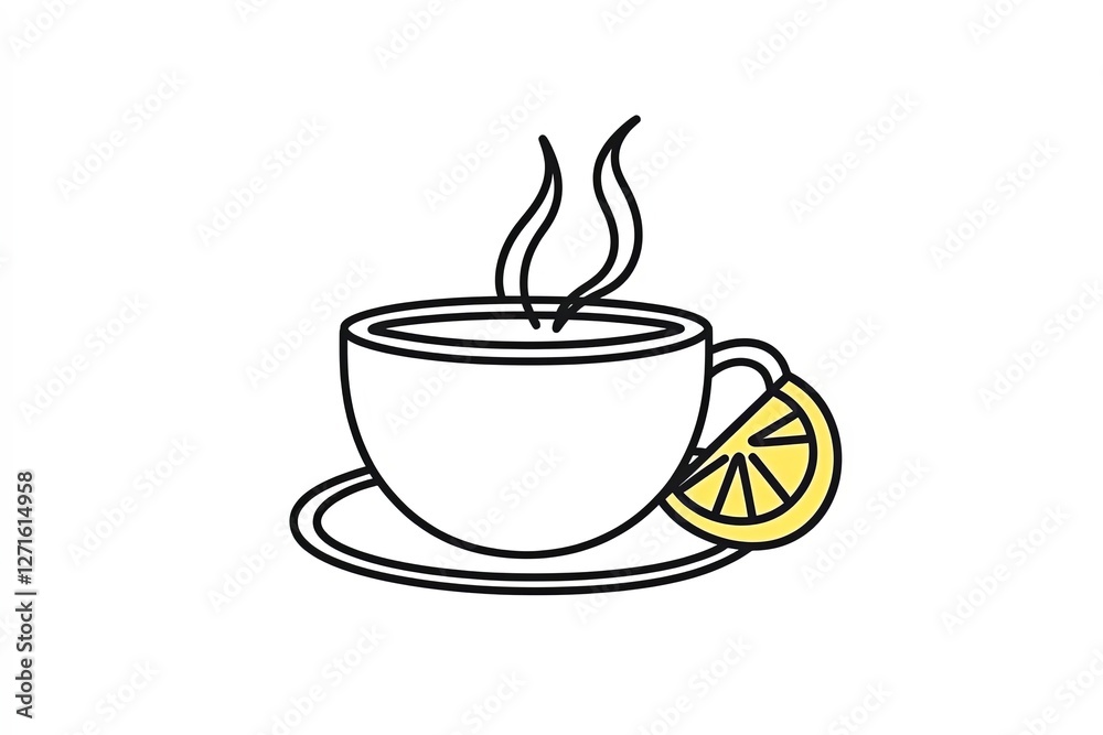 Fototapete simple outlined teacup with steam rising and a lemon slice on the rim.