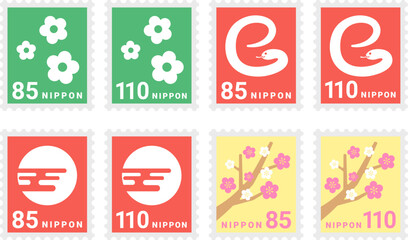 いろいろなデザインの、85円切手と110円切手のイラストセット