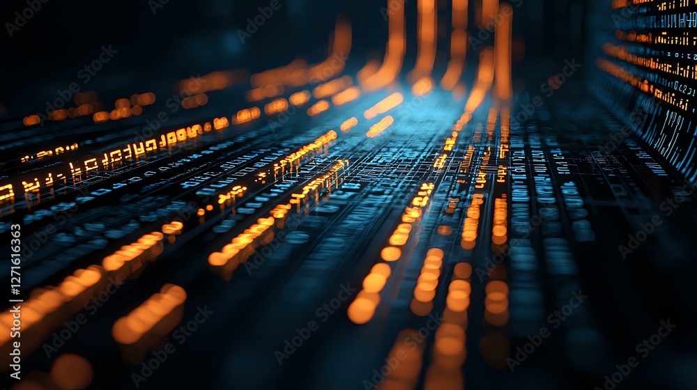 Poster digital technology abstract with glowing orange light trails on dark blue circuit pattern background