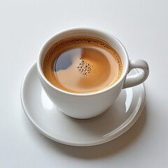 Fototapeta premium White ceramic coffee cup filled with freshly brewed dark coffee on a matching saucer over a clean white background