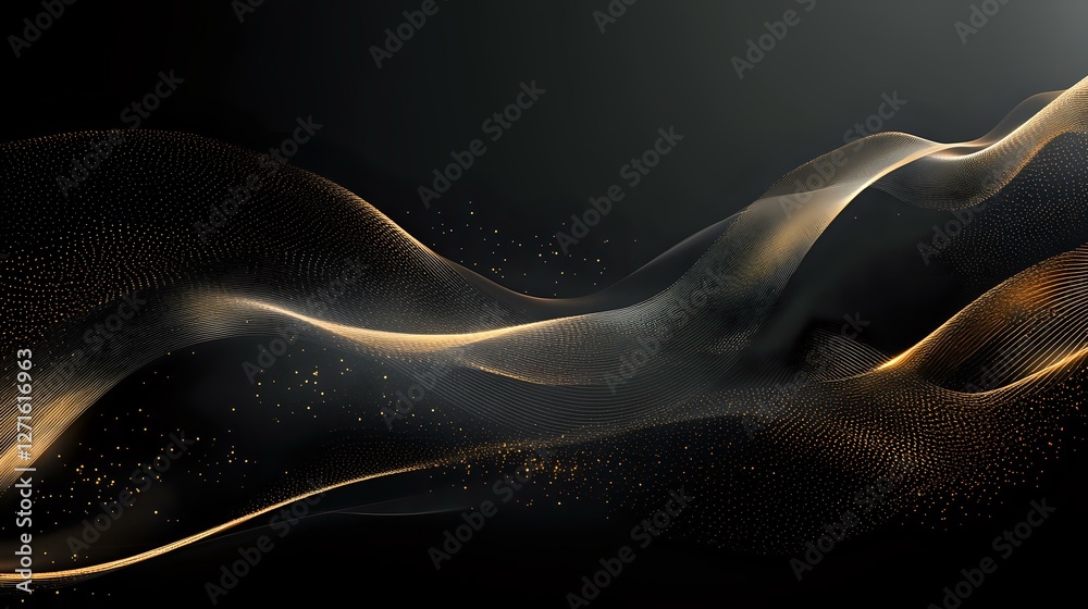 Poster elegant golden particle wave on dark background with glowing dots forming flowing curves and dynamic