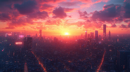 Vibrant futuristic cityscape at sunset featuring levitating objects, a glowing celestial sphere, and tall illuminated buildings.