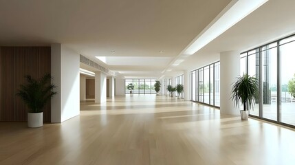 Bright Modern Office Hallway with Sunlight and Plants