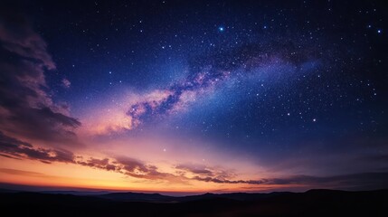 Fototapeta premium Night sky with Milky Way and vibrant sunset over mountains, starry landscape, cosmic beauty, astronomy photography, nature and outdoor scenery