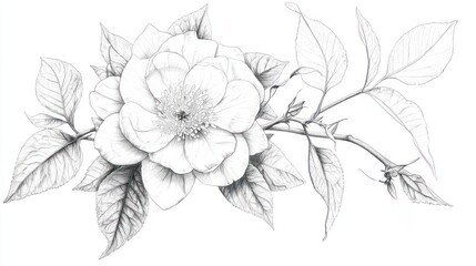 Detailed Pencil Sketch of a Rose Blossom and Leaves
