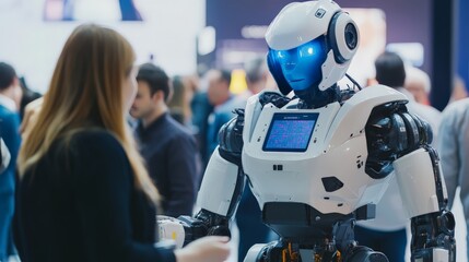 Cutting-edge robotics and AI showcase at a global exhibition, with futuristic humanoid robots interacting with visitors, sci-fi-inspired tech expo.