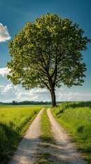 tree stands on the side of an empty country road