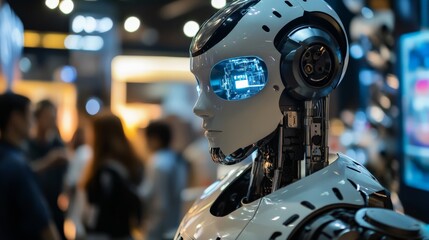 Fototapeta premium Cutting-edge robotics and AI showcase at a global exhibition, with futuristic humanoid robots interacting with visitors, sci-fi-inspired tech expo.