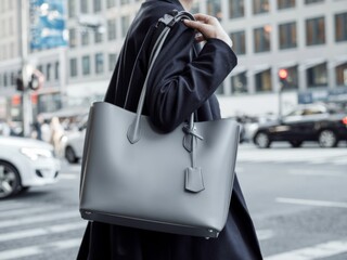 Stylish Gray Leather Tote Bag Carried by a Woman in a City Setting
