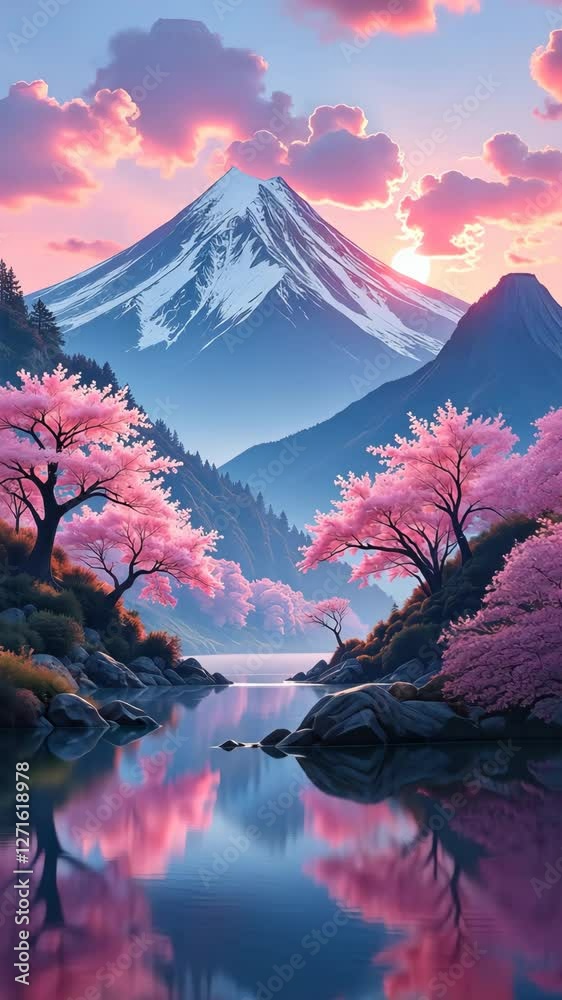 Poster a mountain range with a pink and orange sunset in the background. the mountains are covered in snow 