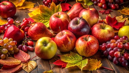 Autumn Harvest: Macro Photography of Apples, Pears, and Grapes with Fallen Leaves