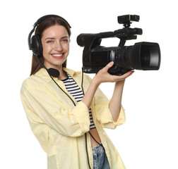 Happy woman with professional video camera and headset on white background