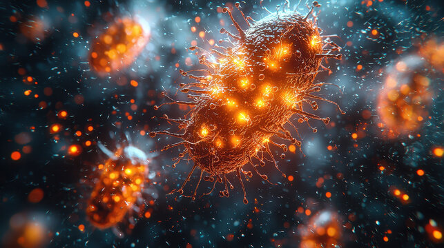 Conceptual illustration of bacteria utilizing glowing molecular camouflage to evade immune detection under extreme magnification