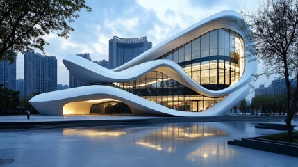 349. Office building with modern architecture in a city --ar 16:9 --v 6.1 Job ID: 317b30ec-7394-450d-8c2e-fe6d730a96c7