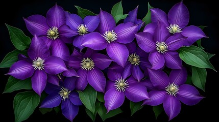 Vibrant purple clematis flowers in full bloom against dark background, with green leaves creating natural composition for floral design and garden inspiration.