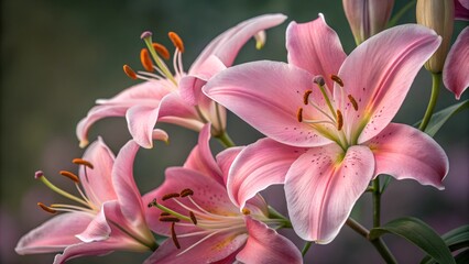 Fototapeta premium Blooming Lilies: Delicate pink lilies, captured in a close-up, showcase their elegant petals and vibrant stamens.