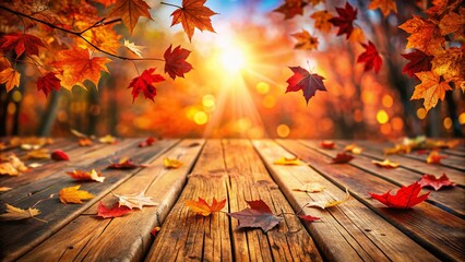 Autumn Leaves Scattered on Wooden Deck - Copy Space for Text